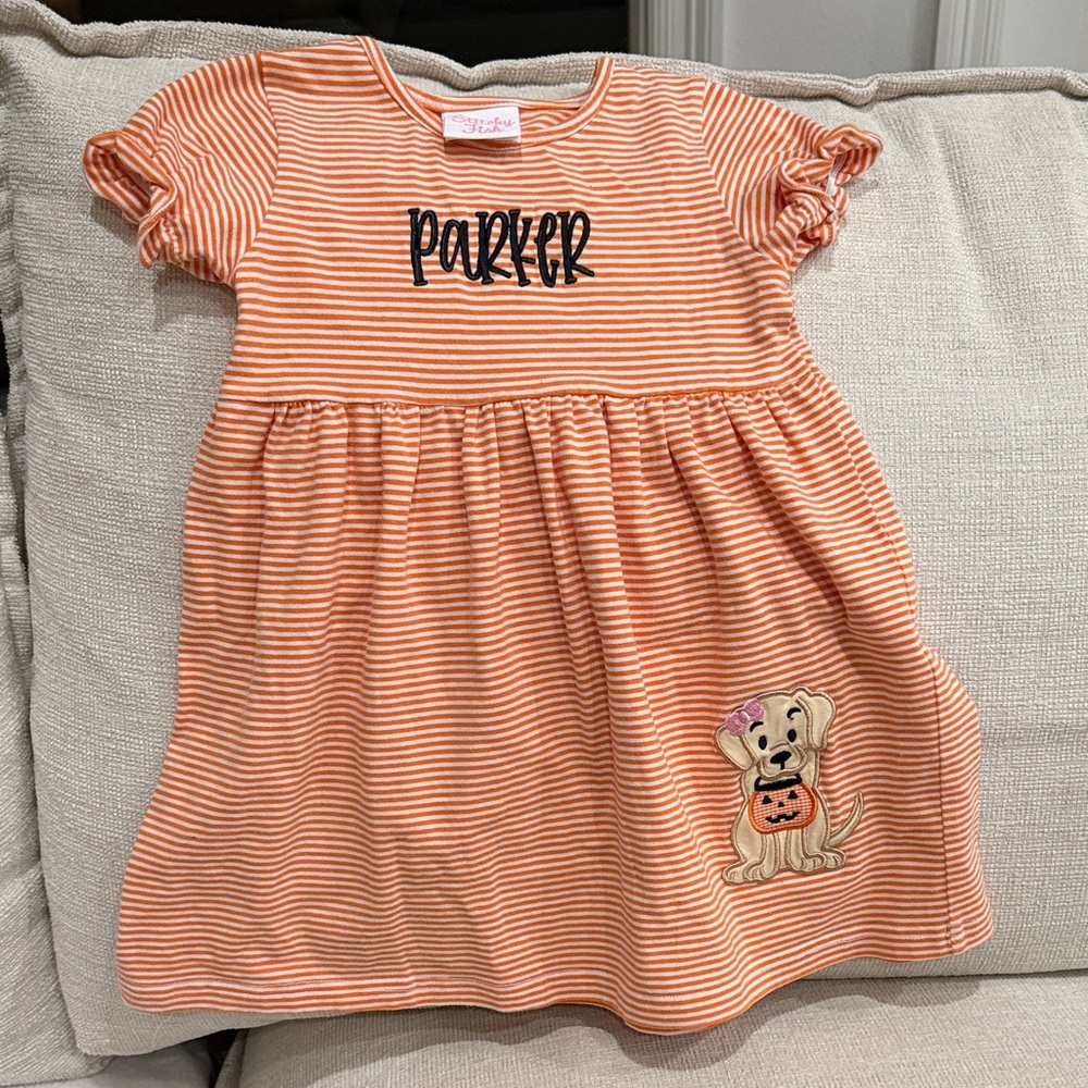 Orange Striped Halloween Dress with Embroidered Puppy and Pumpkin and "Parker"